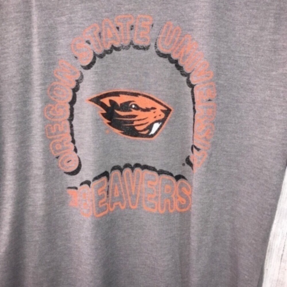 Oregon State Beavers Women’s Large Gray Tee Scoop Neck Striped Sleeve Game Day - Picture 2 of 5